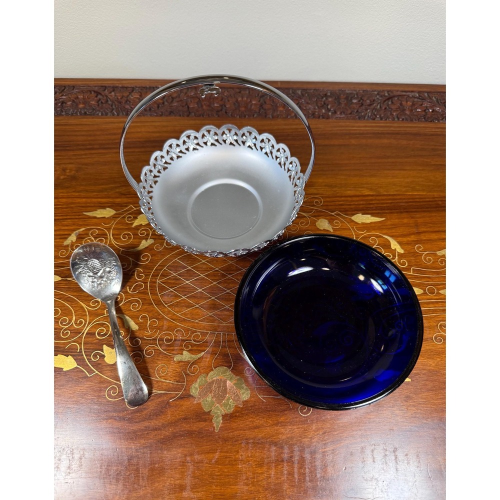 Vintage Cobalt Blue Jam Dish with Silver Plate Holder & Spoon - Picture 14 of 17